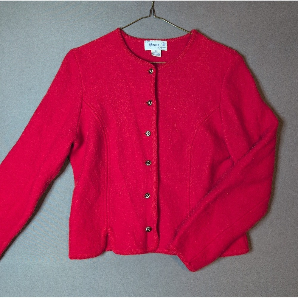 Vintage Deans of Scotland RED Sweater Jacket • Women's Sz M • Wool •Button •EXC